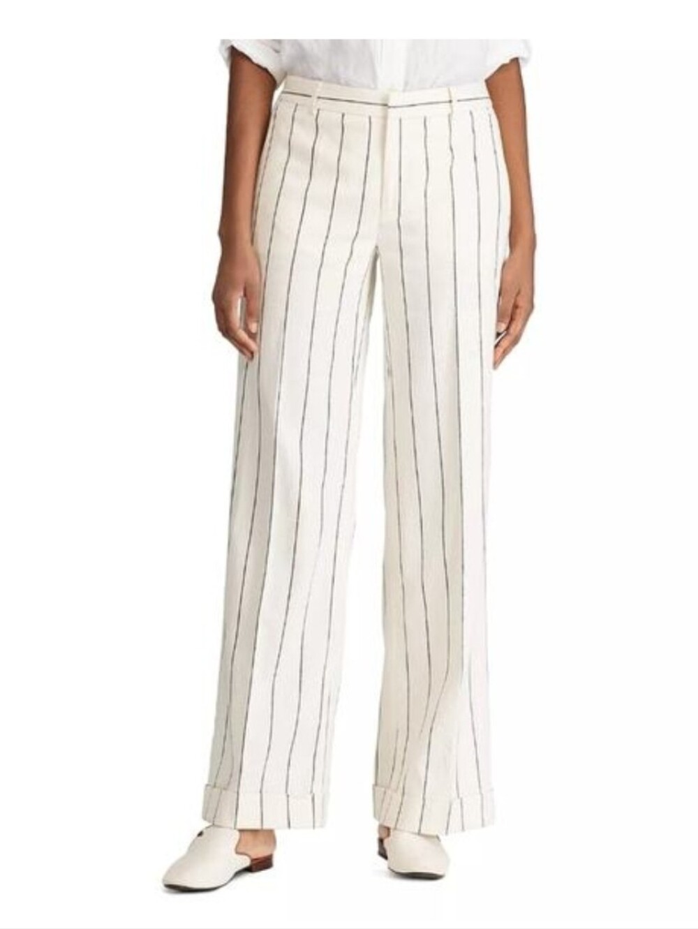 Ralph Lauren Straight Leg Pants Pinstripe Trouser Winter Cream Work Linen 12 New